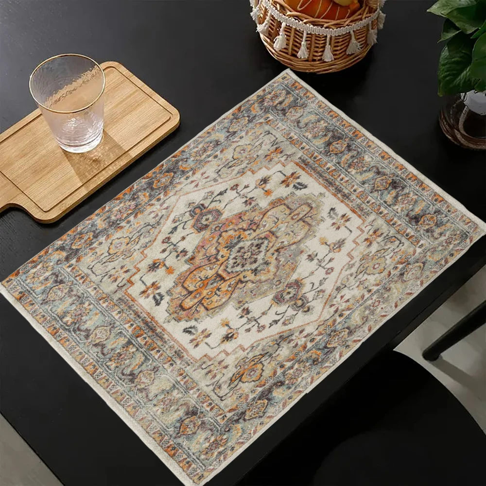 tapis table motif floral géométrique traditionnel beige orange bleu rouge vert blanc