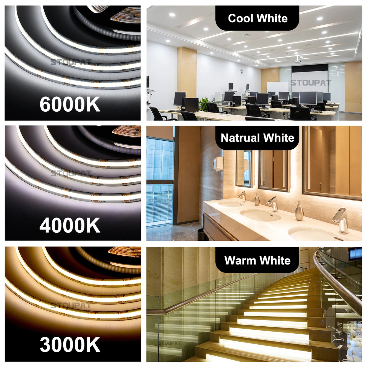 ruban led flexible blanc moderne adhésif 3000k 6000k connecteur câble 24v 50000h