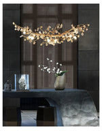 suspension lumineuse moderne dorée branches fleurs transparentes cristal haute luxure