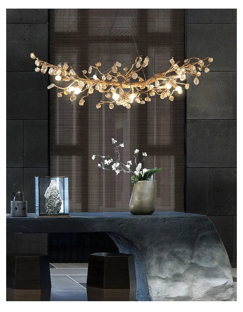 suspension lumineuse moderne dorée branches fleurs transparentes cristal haute luxure