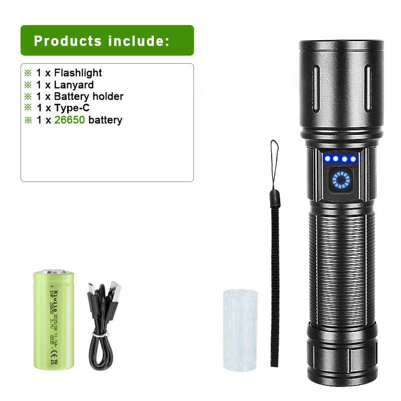lampe torche led rechargeable 18650 batterie mode stroboscope éclairage bleu tactique robuste
