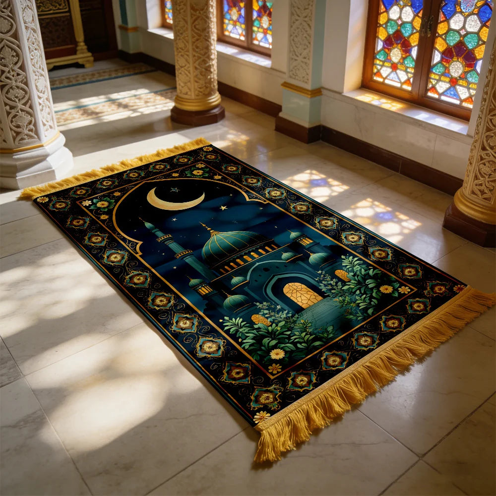 tapis prière islamique bleu nuit motif fleur étoile lune imperméable polyester