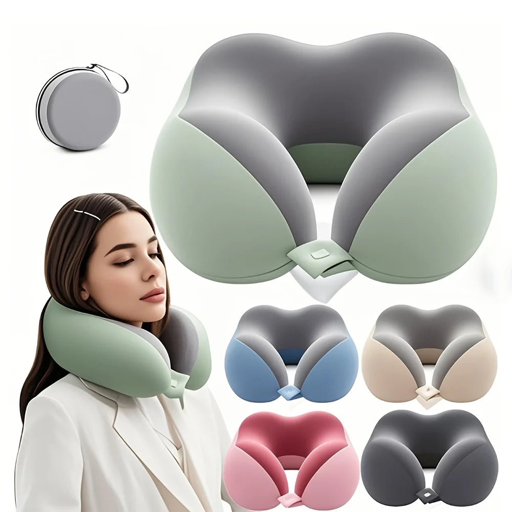 coussin voyage mousse mémoire forme vert pastel gris clair uni clips boîte rangement contemporain
