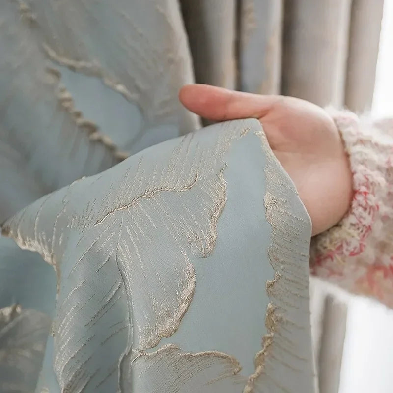 rideau polyester feuilles dorées gris clair beige haut standing salon chambre moderne français