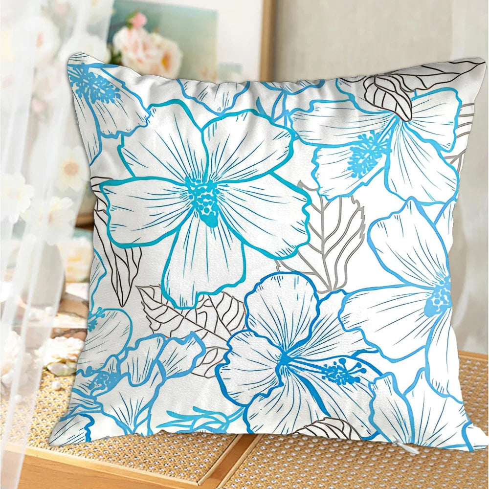 housse coussin carrée fleurs stylisées bleu blanc gris décoration moderne lit salon maison
