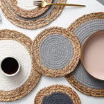 tapis table boho rustique tissé main naturel gris blanc cercles concentriques simple