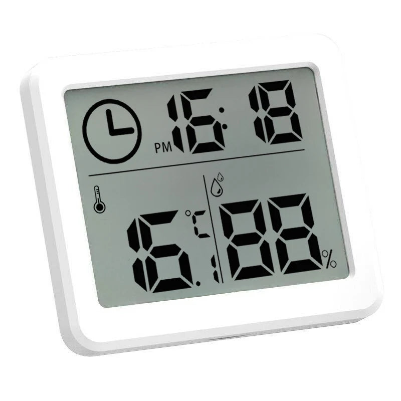 horloge numérique hygromètre blanc moderne affichage heure température humidité symbolique thermomètre minimaliste