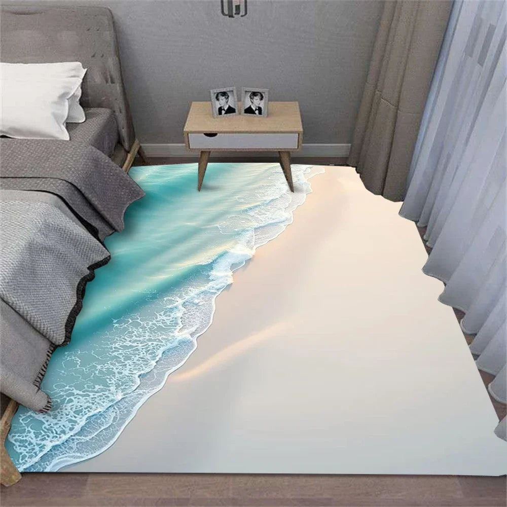 tapis salon moderne motif vagues mer coquillages bleu clair beige blanc décoratif intérieur maison