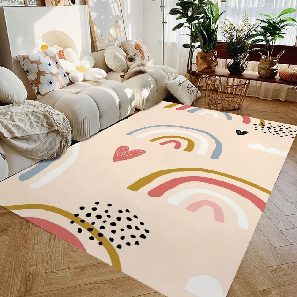 tapis sol moderne motif arc ciel beige rose doré chambre maison décoratif lavable