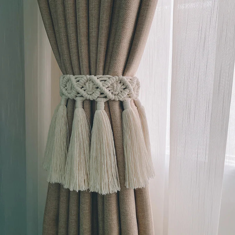 rideau boho chic macramé franges coton solide beige clair accessoires fenêtre pastorale