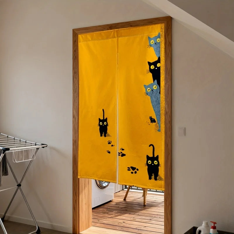 rideau moderne chatons noirs bleus yeux jaunes fond uni 100 polyester opacité maison