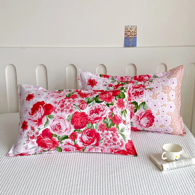 ensemble deux taies d'oreiller bleu fleurs blanches romantique lit double coton polyester