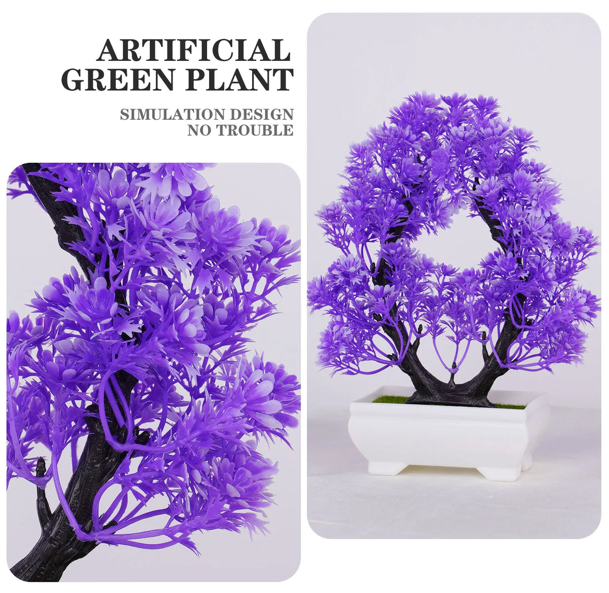 plante artificielle bonsaï pot violet vert rose feuilles fines mousse verte décoration intérieure extérieure