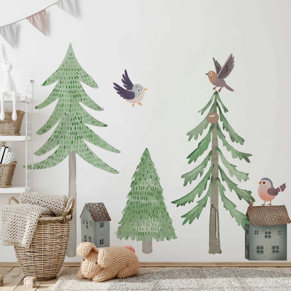 sticker mural arbre forêt oiseau maison voiture enfant illustration scandinave chambre decoration