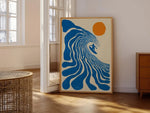 affiche moderne surfeur bleu blanc jaune vague ondulée rectangle vertical sans cadre