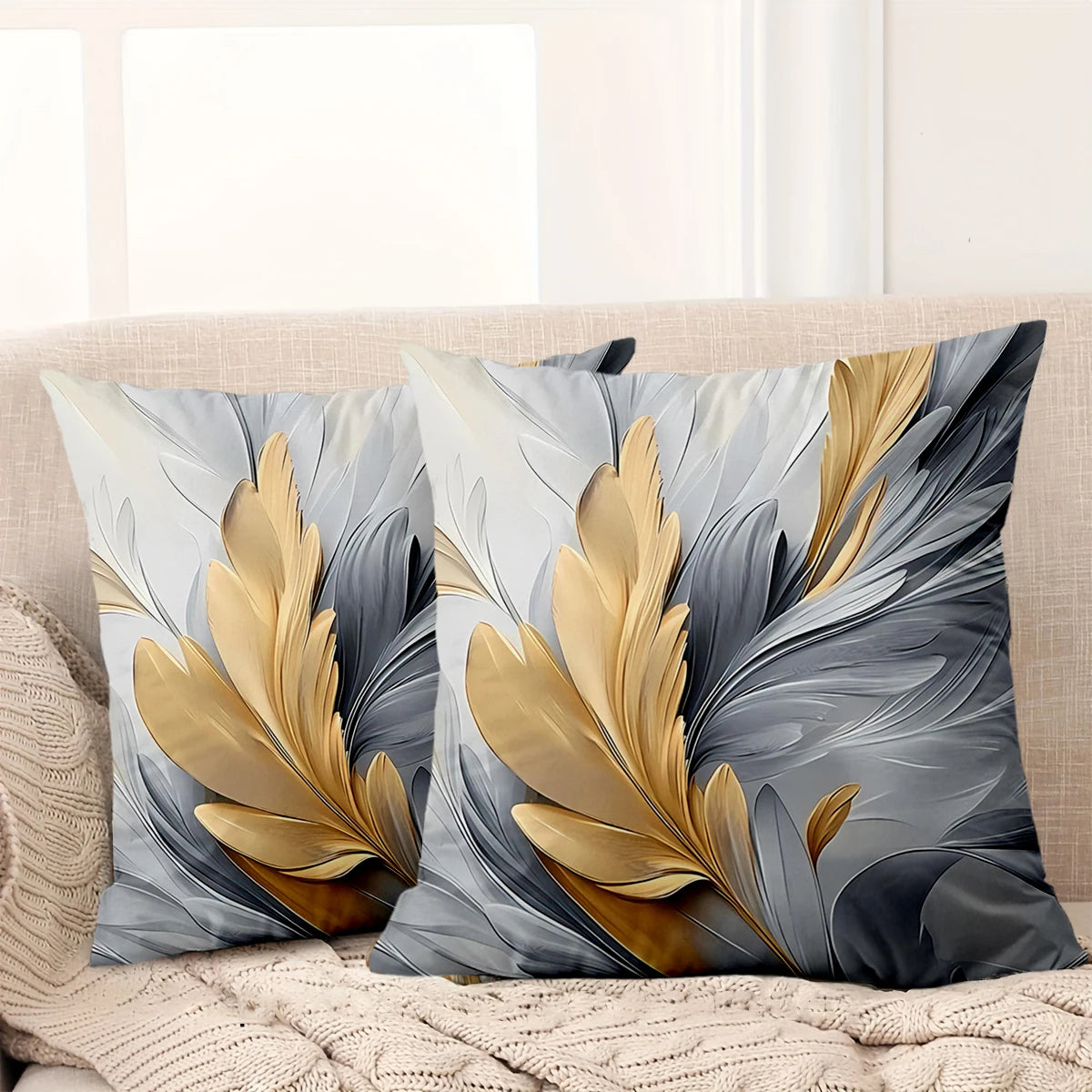 coussin décoratif contemporain motif floral abstrait blanc gris doré polyester 45x45cm fixations