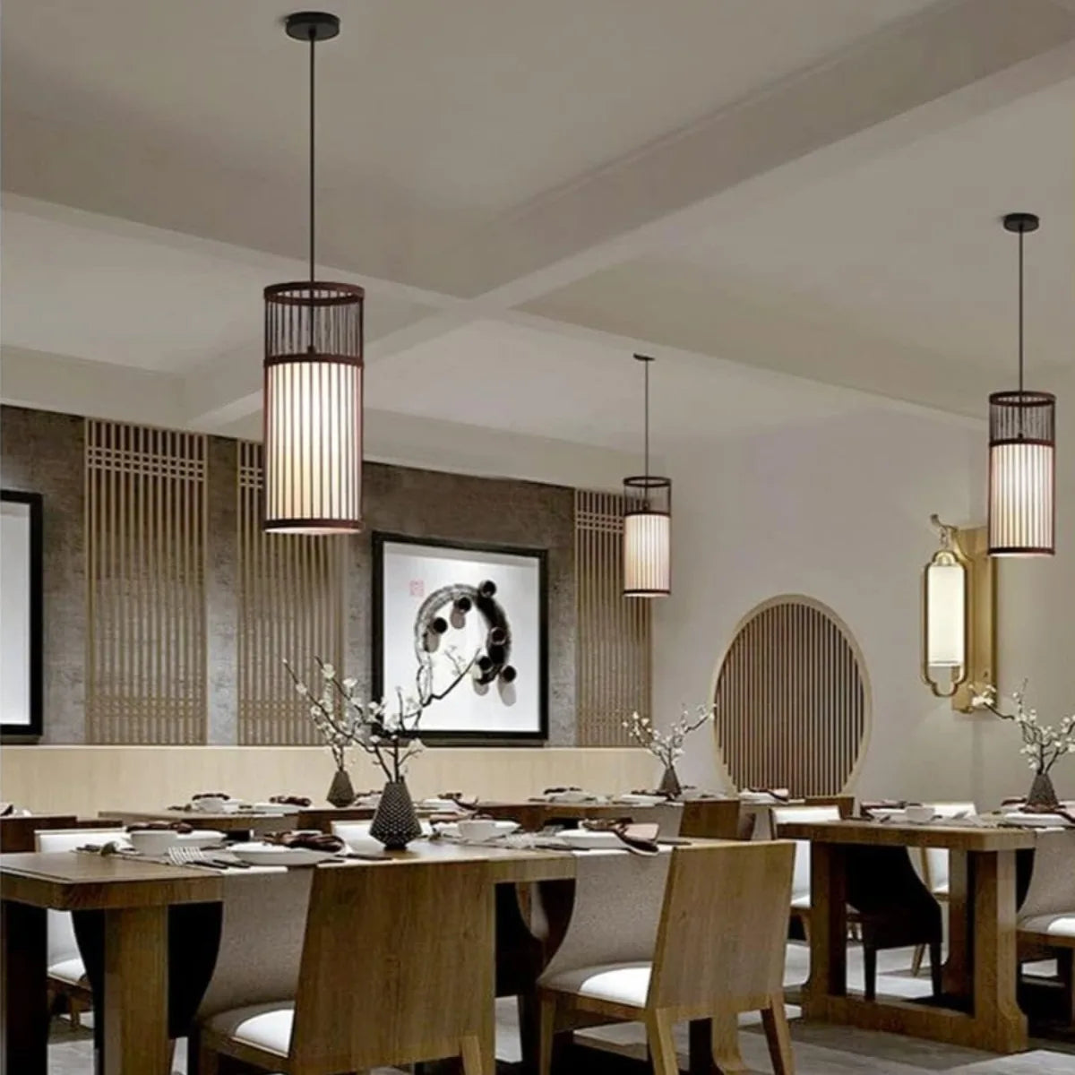 suspension lumineuse bambou rayures horizontales moderne oriental marron clair beige