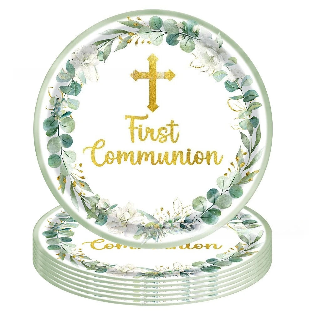 assiettes jetables thème eucharistique croix dorée fleurs mariage baptême anniversaire fêtes enfants