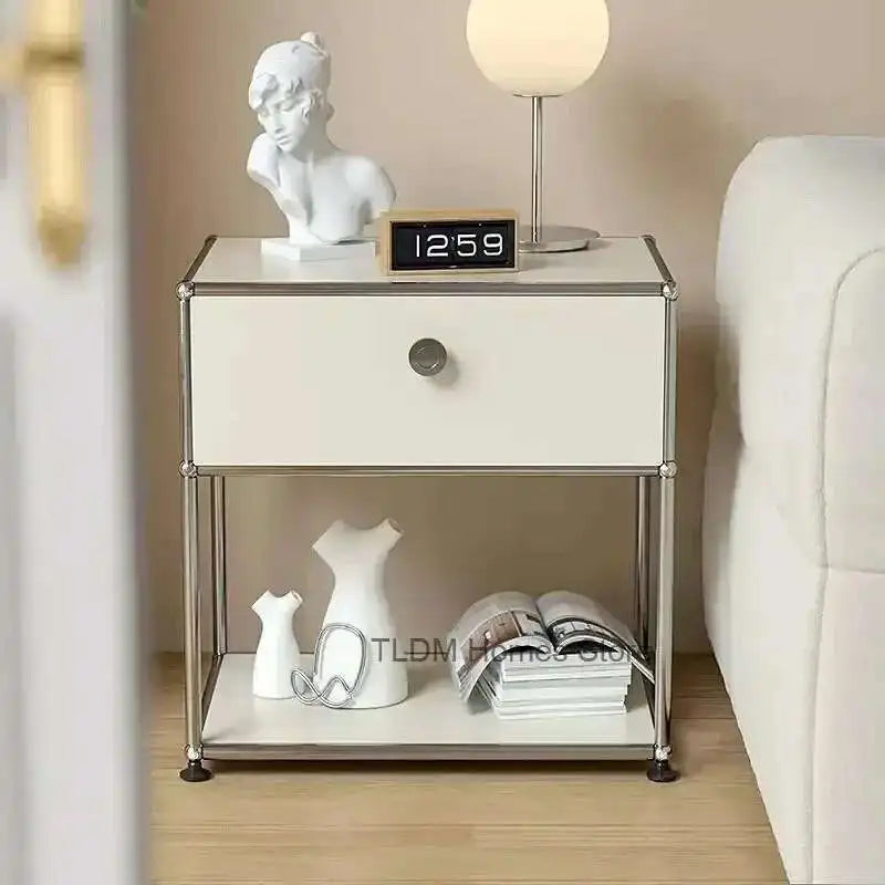 table chevet moderne minimaliste blanc doré lisse brillant tiroir pieds ronds