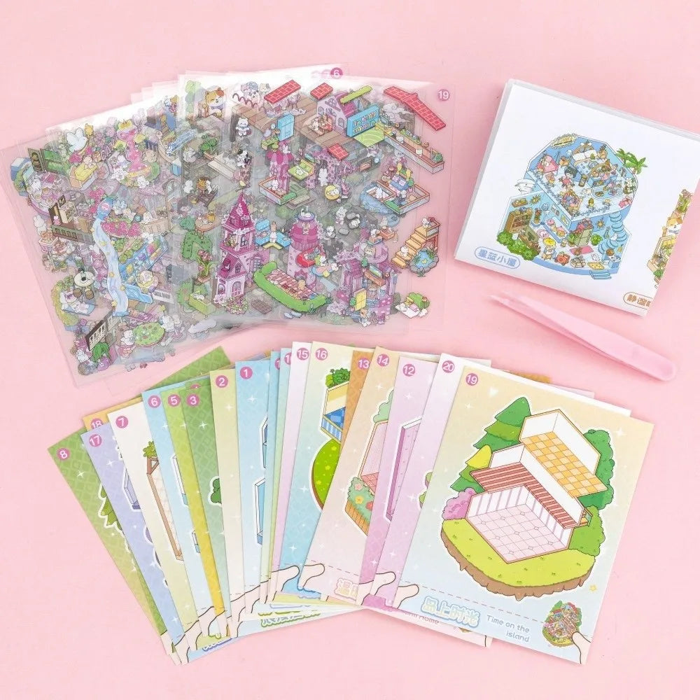 stickers paysage miniature dessin animé mignon personnages animaux scènes détaillées rose blanc vert bleu