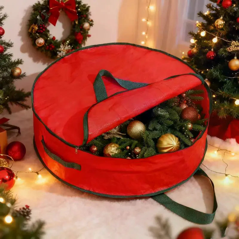 sacs rangement noel tissu texturé rouge vert boules ornements guirlandes poignées velcro festif pratique