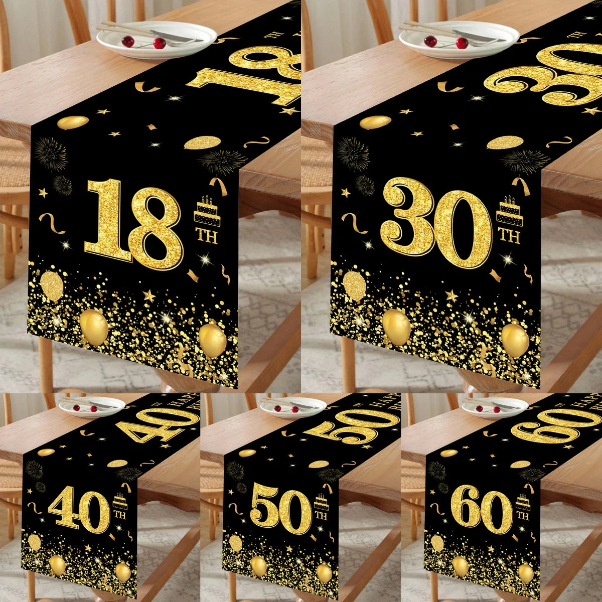 Chemin de table anniversaire noir et or sur table blanche