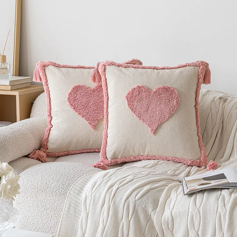coussin carré moderne brodé géométrique rose boho chic franges adhésif zip 45x45cm