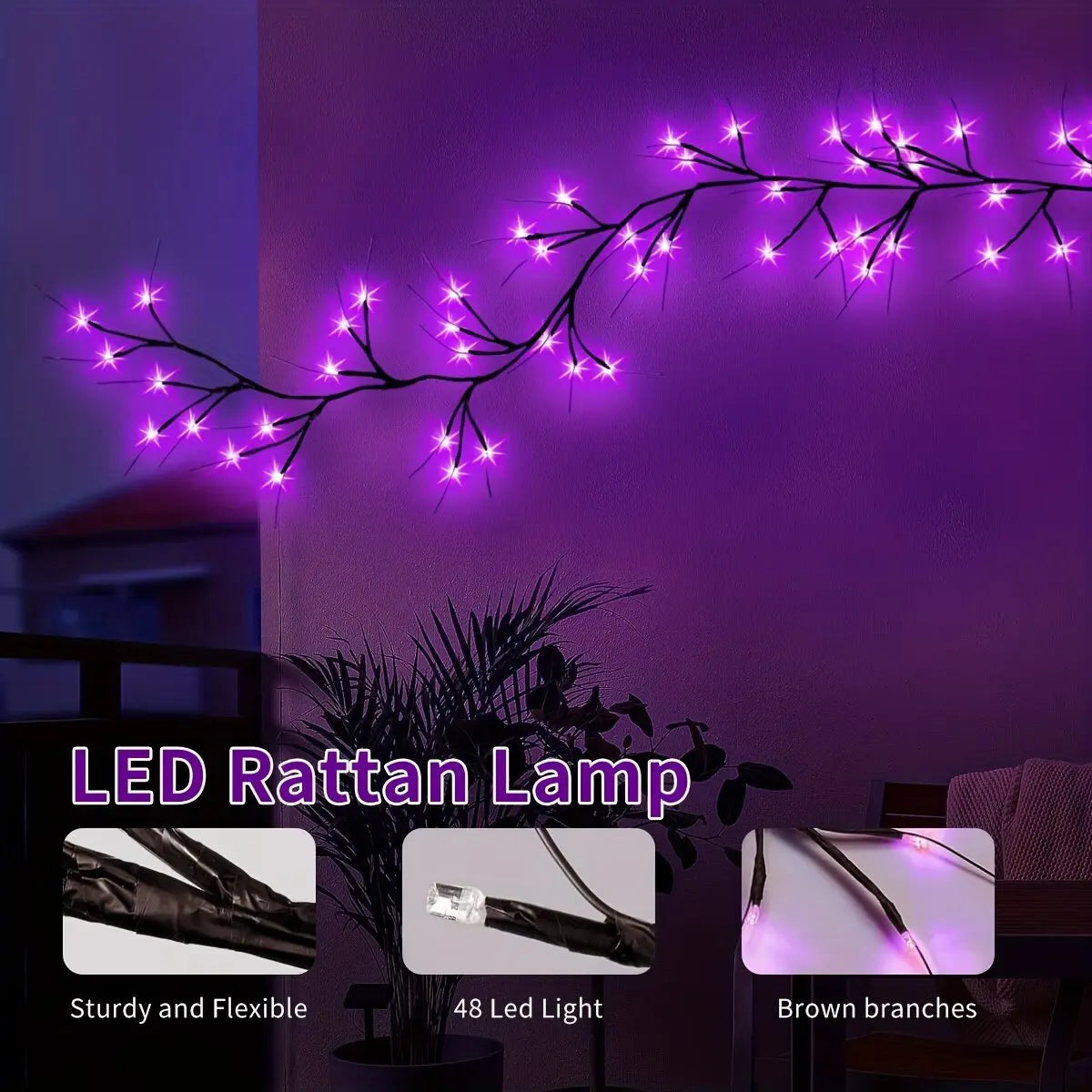 décoration halloween branches lumineuses led noires 48 ampoules usb naturel