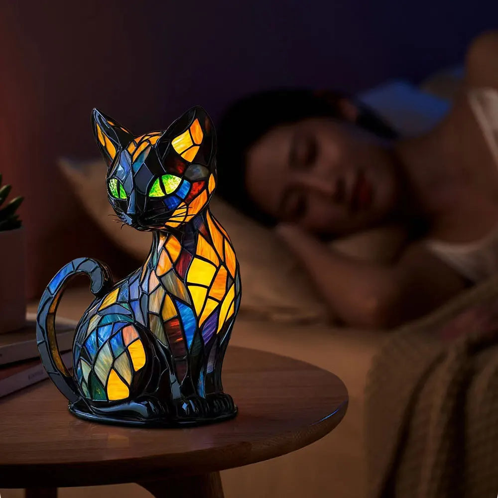 lampe résine forme chat led couleur multicolore art deco tiffany chambre coucher usb alimentation