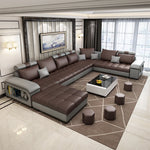 canapé d'angle forme cuir véritable coussins abstraits moderne salon gris noir beige