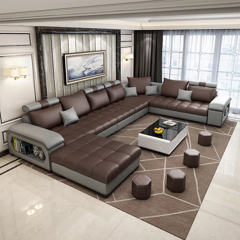 canapé d'angle forme cuir véritable coussins abstraits moderne salon gris noir beige