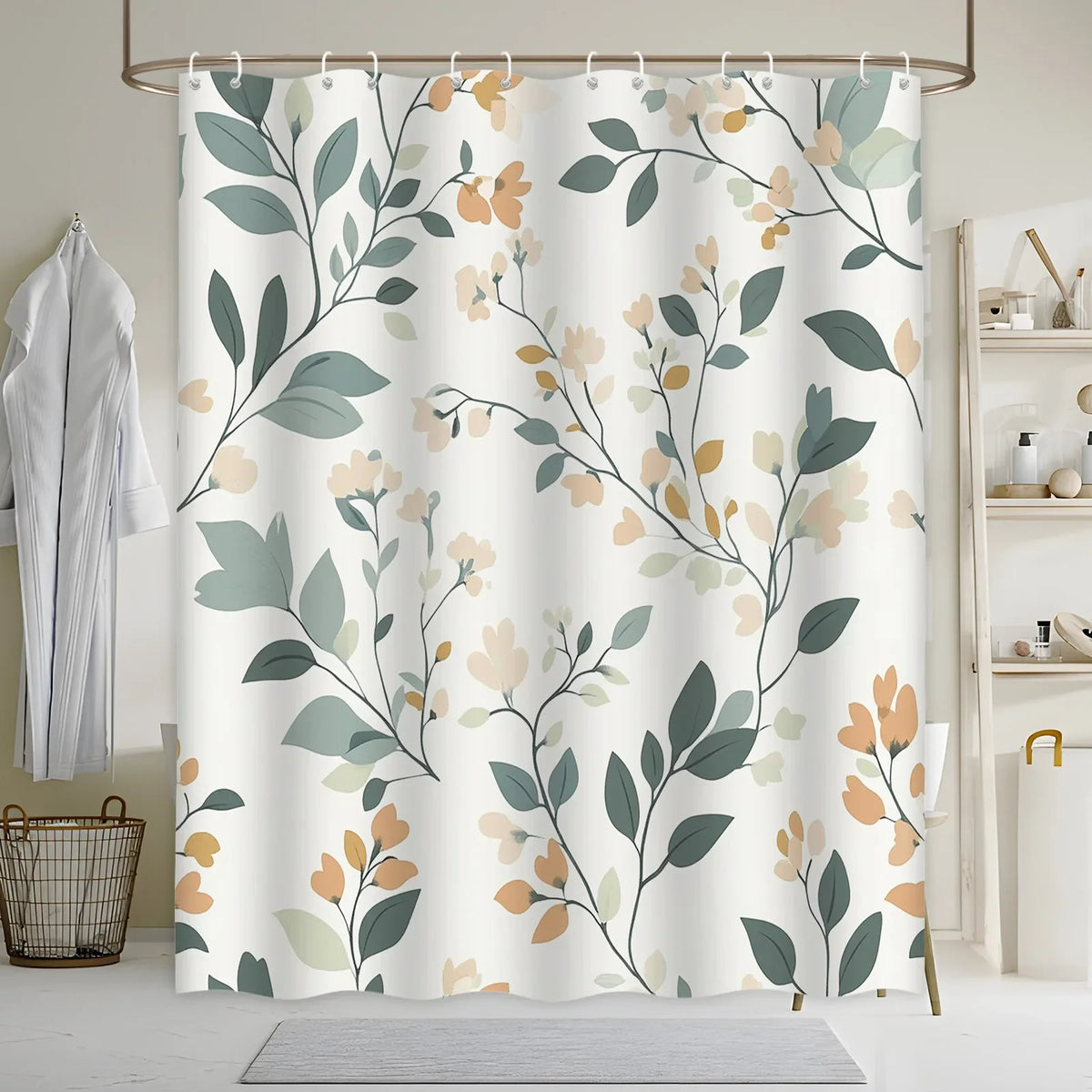 rideau douche motifs floraux moderne blanc vert orange polyester totalement opaque botanique