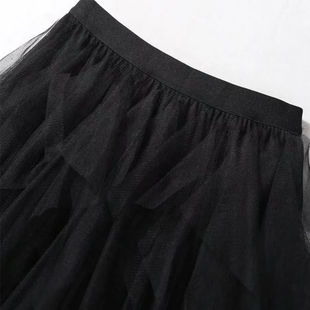jupe tulle plissée rose noir élégante féminine asymétrique mi mollet translucide junior femme