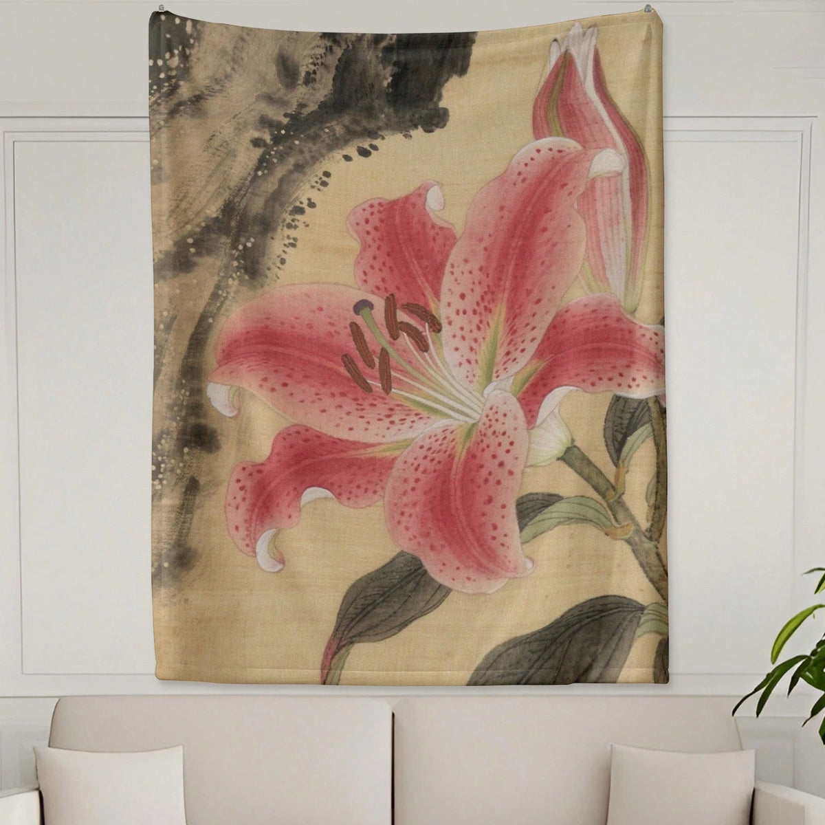 tapisserie fleurs lys rose feuilles vertes art floral salon chambre élégante impressionniste minimaliste