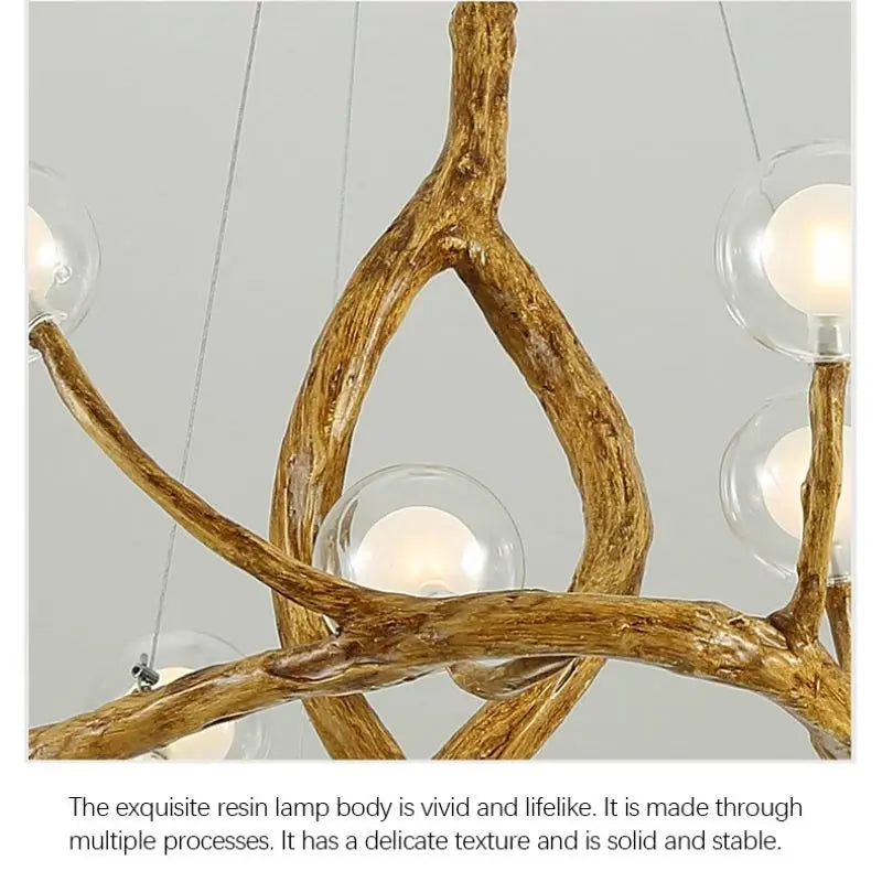 lampe suspendue moderne dorée branches naturelles 12 boules verre chaînes métalliques salon chambre