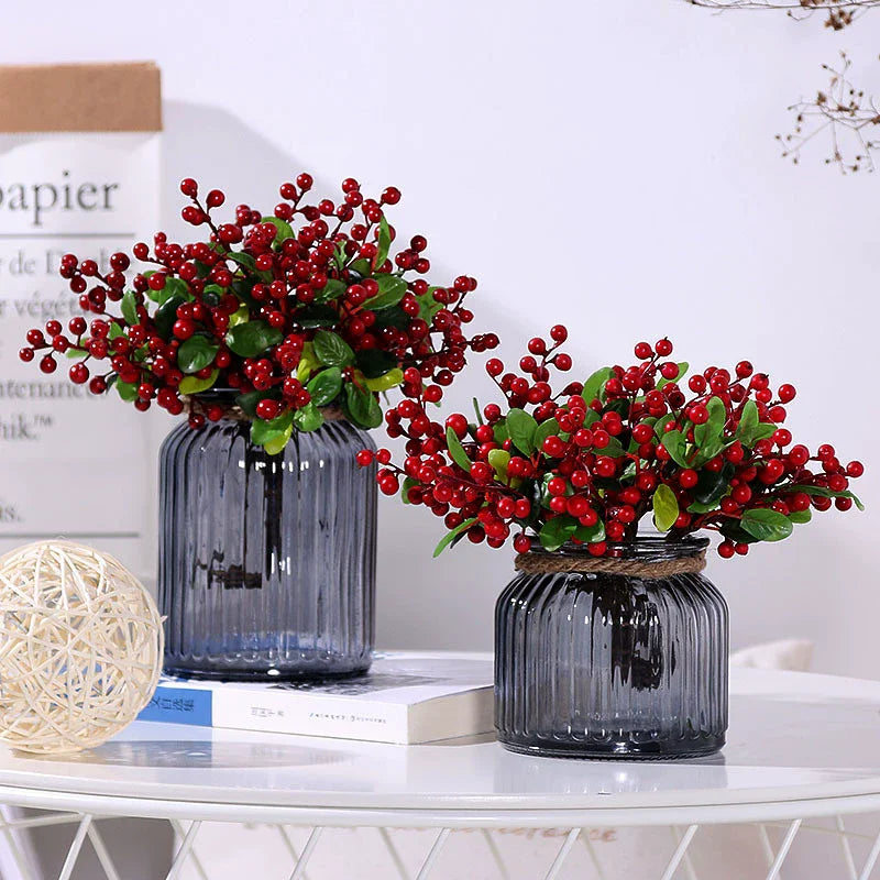 bouquet artificiel feuilles vertes baies colorées vase transparent mariage anniversaire extérieurDecorationMinimaliste