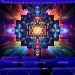 tapisserie blacklight géométrique lumineuse moderne abstraite néon bleu violet orange