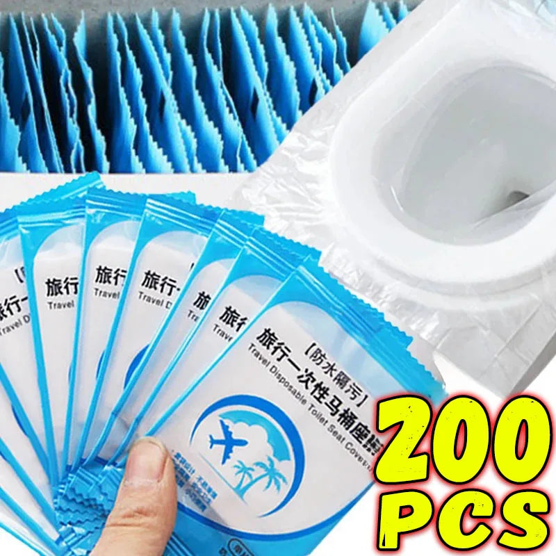couvre siège toilette jetable bleu blanc logo palmier nuage transparent adhésif pratique respectueux environnement