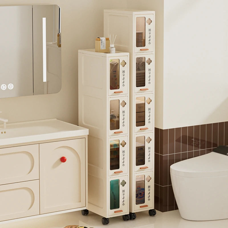 rangement mobile meuble beige compartiments tiroirs moderne minimaliste roulettes salon cuisine chambre