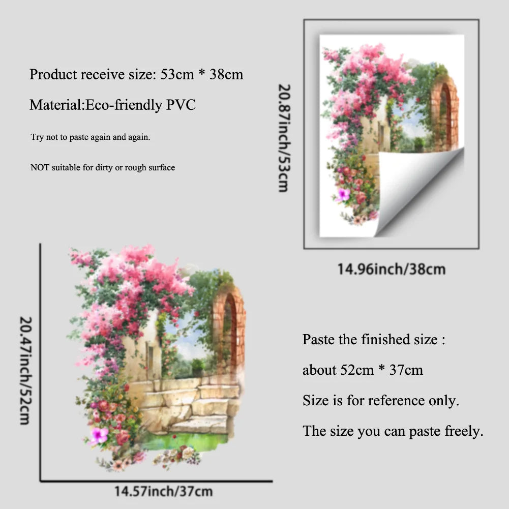 autocollant mural rose blanc vert fleurs pierres arche réaliste résistant eau facile dimension 52cm