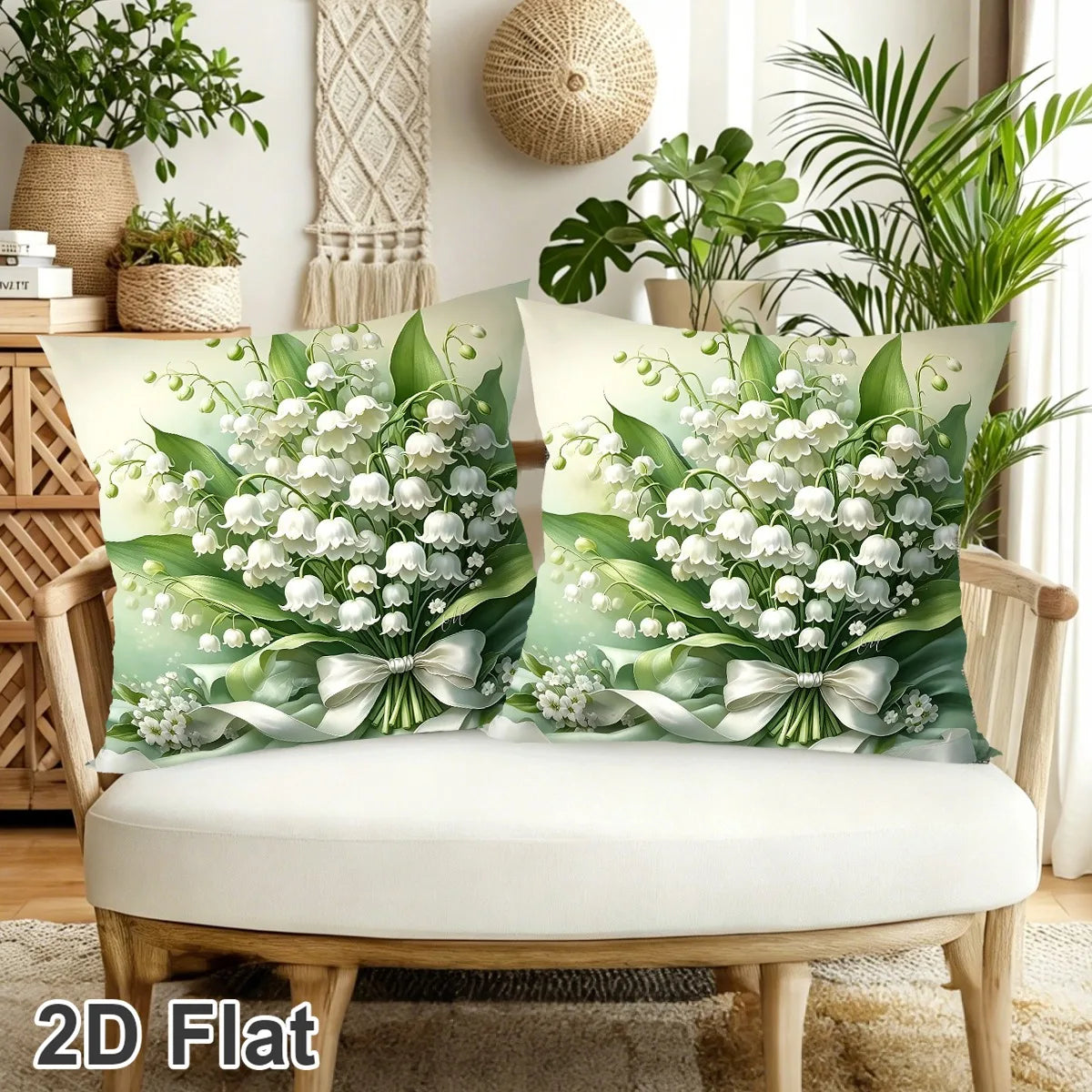 coussin fleurs muguet ruban blanc classique 45x45cm lit maison polyester blanc vert beige