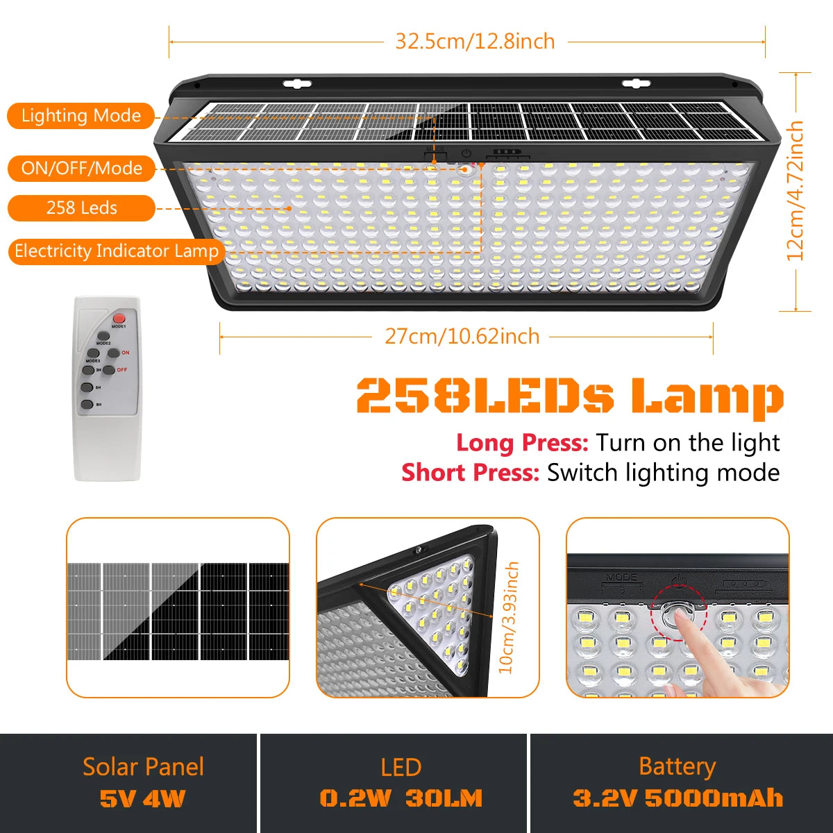 lampe solaire led murale noire ip65 258 leds modes waterproof moderne