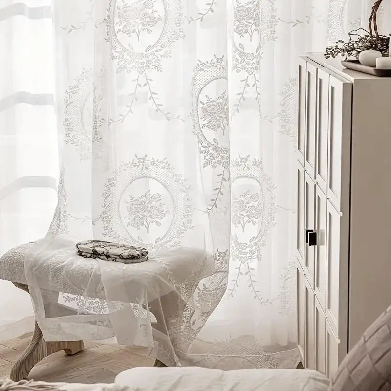rideau voilage floral blanc gris vert pastorale polyester translucide tringle chambre salon