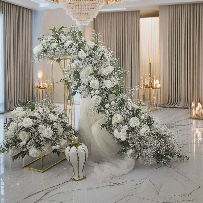 arche mariage fleurs blanches feuilles vertes deco blanc doré intérieur classique 200x45cm 60x45cm
