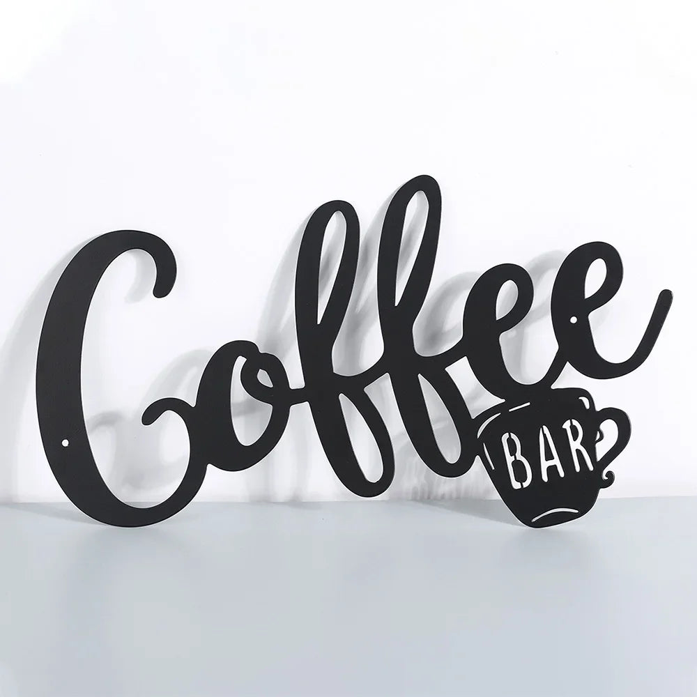 plaque décorative murale moderne coffee bar tasse lettrage stylisé métal noir