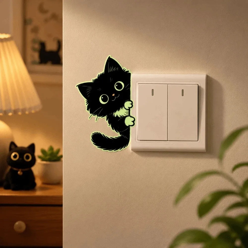 sticker mural chaton noir yeux lumineux cartoon adhésif pvc chambre noire décoration mur opaque