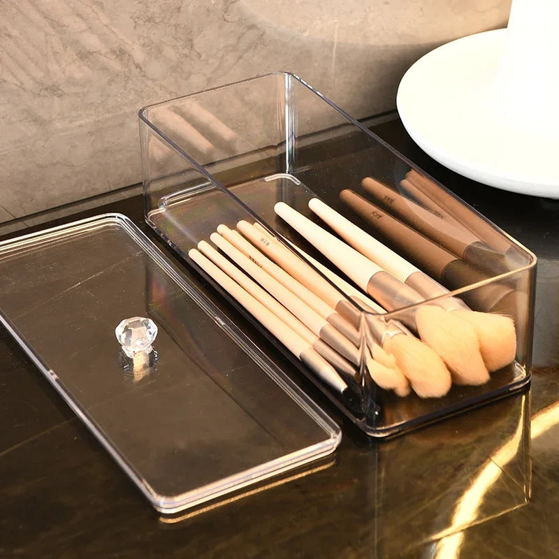 boîte rangement cosmétiques transparent moderne compartiments pinceaux maquillage bouteilles parfum boites poudre fond teint