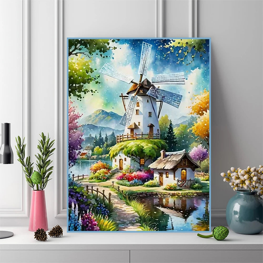 puzzle diamant paysage rural moulin vent maison fleurs arbres lac montagnes blanc vert bleu