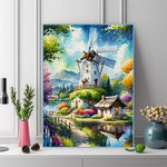 puzzle diamant paysage rural moulin vent maison fleurs arbres lac montagnes blanc vert bleu