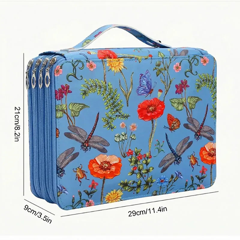 boîte crayons fleurs papillons zips 200 trous tissu polyestère moderne bleu vertclair